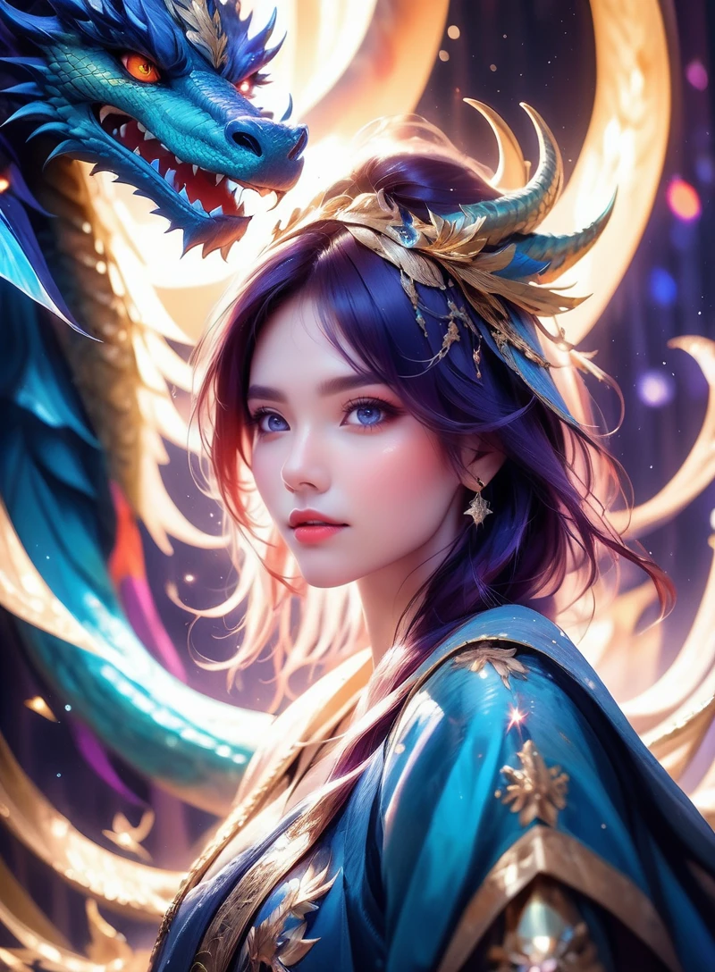 (mysterious:1.3), ultra-realistic mix fantasy,(1 giant eastern dragon:1.3) (behind an asian woman holding a glowing sword:1.1),void energy diamond sword, in the style of dark azure and light azure, mixes realistic and fantastical elements, vibrant manga, uhd image, glassy translucence, vibrant illustrations, ultra realistic, long hair, straight hair, white hair,head jewelly, jewelly, shawls,light In eyes, red eyes, portrait, firefly, mysterious, fantasy, cloud, abstract, colorful background, night sky, flame, very detailed, high resolution, sharp, sharp image, 4k, 8k, masterpiece, best quality, magic effect, (high contrast:1.4), dream art, diamond, skin detail, face detail, eyes detail, mysterious colorful background, dark blue themes