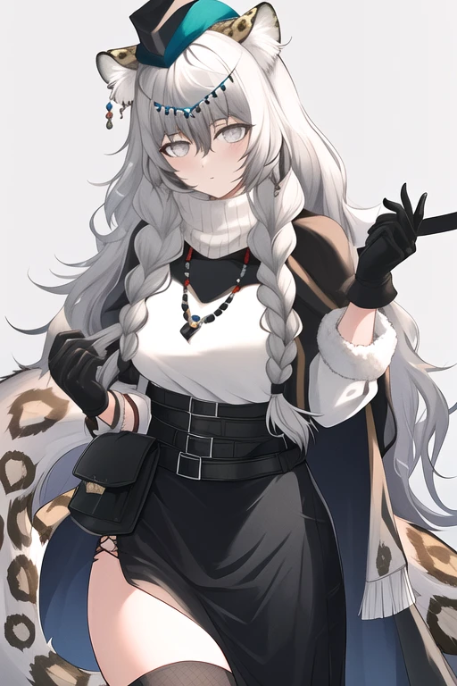 masterpiece, best quality, highres, solo, {pramanix_arknights:1.10}, long_hair, animal_ears, braid, leopard_ears, animal_ear_fluff, grey_eyes, twin_braids, bangs, jewelry, tail, white_hair, necklace, leopard_tail, grey_hair, very_long_hair, bell, holding, belt, breasts, hair_between_eyes, 1girl, gloves, black_gloves, hat, official_alternate_costume, capelet, fur_trim, long_sleeves, looking_at_viewer, blue_headwear, dress, black_capelet, skirt, black_skirt