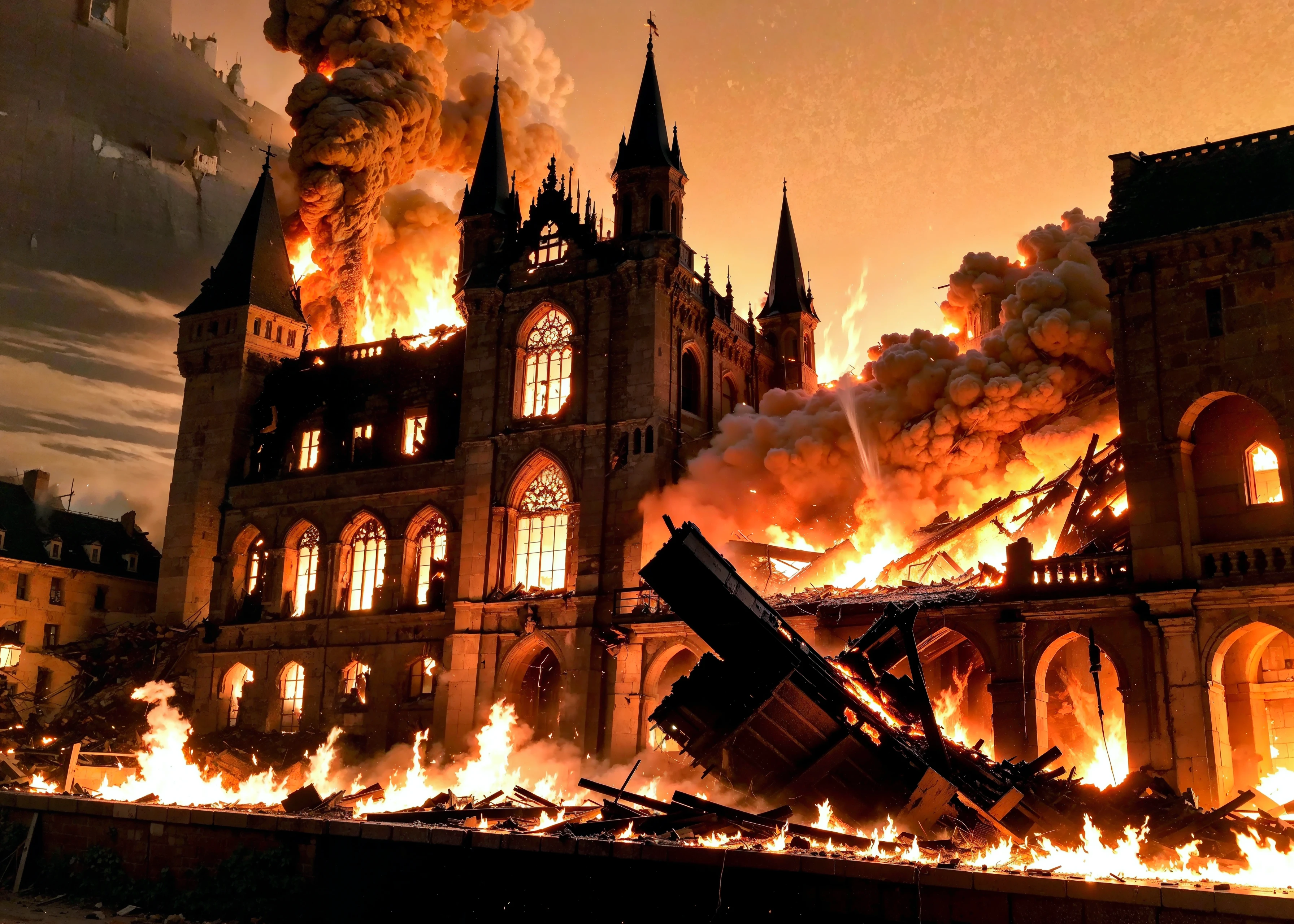 (best quality:1.4), (masterpiece:1.4), (intricate details:1.3), (gothic european castle burning down at night), (big fire, flame, explode, collapse)