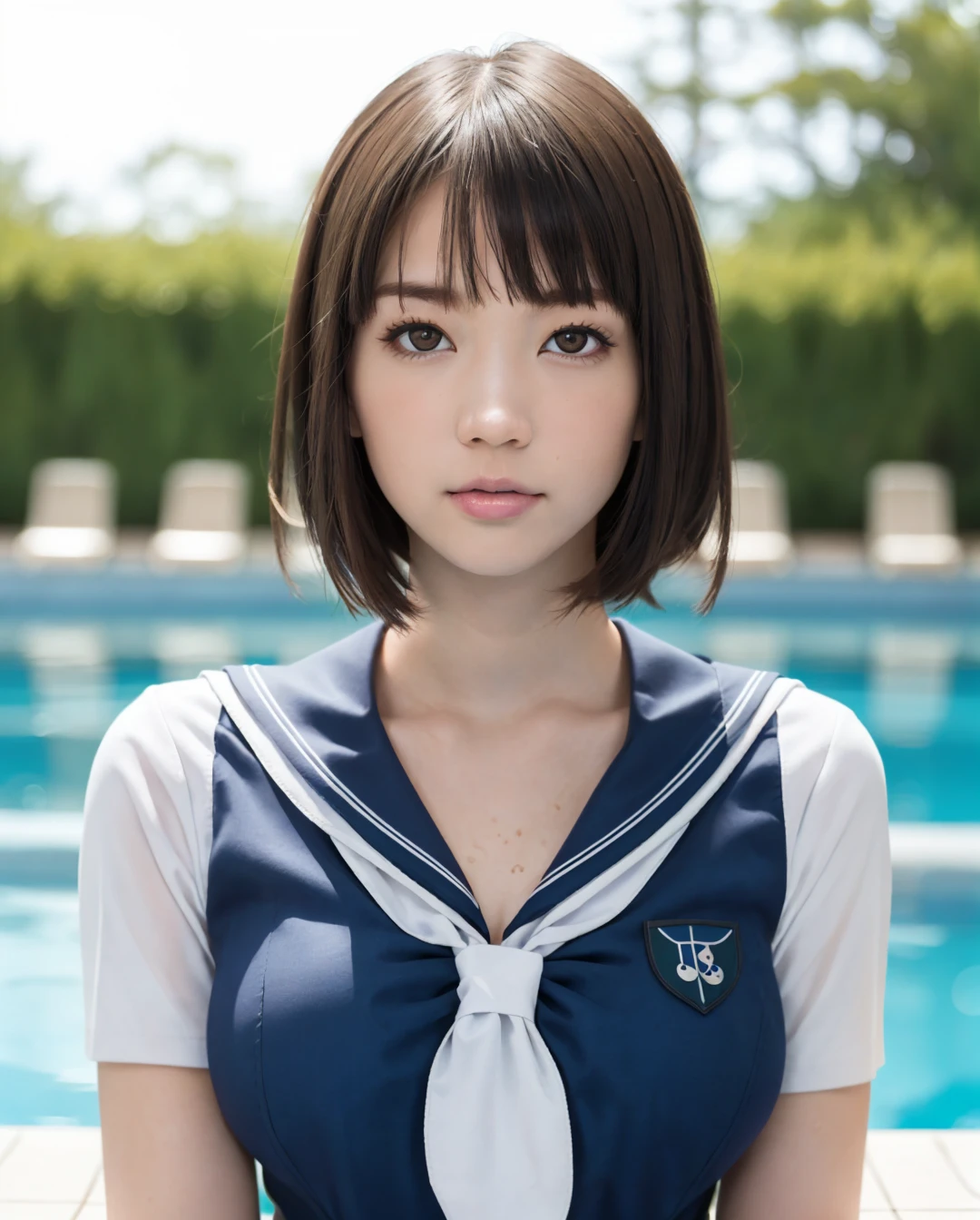 best quality, photorealistic, 8k, high res, full color, 1girl, woman, 20 years old woman, (closed mouth:1.48), (skindentation), (portrait:0.6), trees, daylight, ((poolside background:1.52)), full color, ((school sailor uniform:1.38)), looking at viewer:1.8, (1girl eyes looking at viewer:1.55), (short hair, brownhair), (bokeh), <lora:AAV-koharu2:0.64>