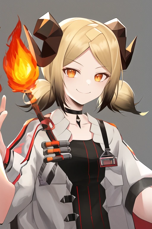 masterpiece, best quality, highres, solo, {ifrit_arknights:1.10}, horns, blonde_hair, twintails, orange_eyes, short_hair, demon_horns, choker, black_choker, smile, fire, 1girl, closed_mouth, low_twintails, upper_body, looking_at_viewer, short_twintails, simple_background, dress, jacket, white_jacket, bangs, black_dress, grey_background