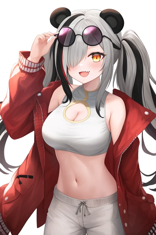 masterpiece, best quality, highres, 1girl, solo, {feater_arknights:1.10}, animal_ears, black_hair, multicolored_hair, streaked_hair, panda_ears, grey_hair, breasts, twintails, smile, sunglasses, large_breasts, eyewear_on_head, hair_over_one_eye, long_hair, cleavage, open_mouth, fang, bangs, round_eyewear, two-tone_hair, red_eyes, skin_fang, yellow_eyes, crop_top, jacket, long_sleeves, midriff, official_alternate_costume, open_clothes, open_jacket, red_jacket, looking_at_viewer, shirt, cropped_jacket, navel, pants, stomach, white_shirt, white_pants, tinted_eyewear, :d, simple_background, white_background