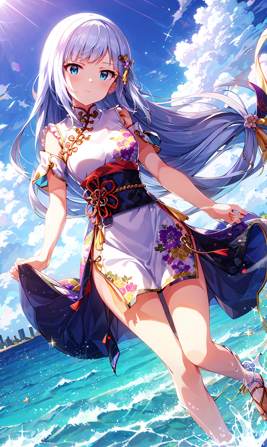 tsumugi shiraishi (million live), very long hair, low-tied long hair, (best quality, 8K, masterpiece, ultra detailed:1.2), dynamic pose, cinematic angle, ocean, full body,
day, dappled sunlight, blue sky, beautiful clouds, cityscape, lens flare, sparkle, light particles, wide shot,
1girl, solo, chinese clothes, wind, floating hair, print dress, hairclip, hair flower, ribbon
