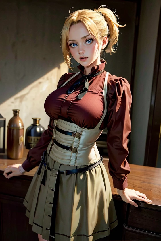 (masterpiece:1.4),(best quality:1.4),(absurdres:1.4),pin-up, <lora:ANIME_Zenith_aiwaifu-10:0.6>, Zenith_aiwaifu,blonde hair,ponytail,blue eyes,short hair,large breasts,bangs,parted bangs,skirt,ribbon,shirt,long sleeves,neck ribbon,fur trim,black ribbon,corset,red shirt,suspenders,collared shirt,dress,long skirt,pleated skirt,suspender skirt, (absurdres, highres, incredibly_absurdres:1.4),scenery,masterpiece,
