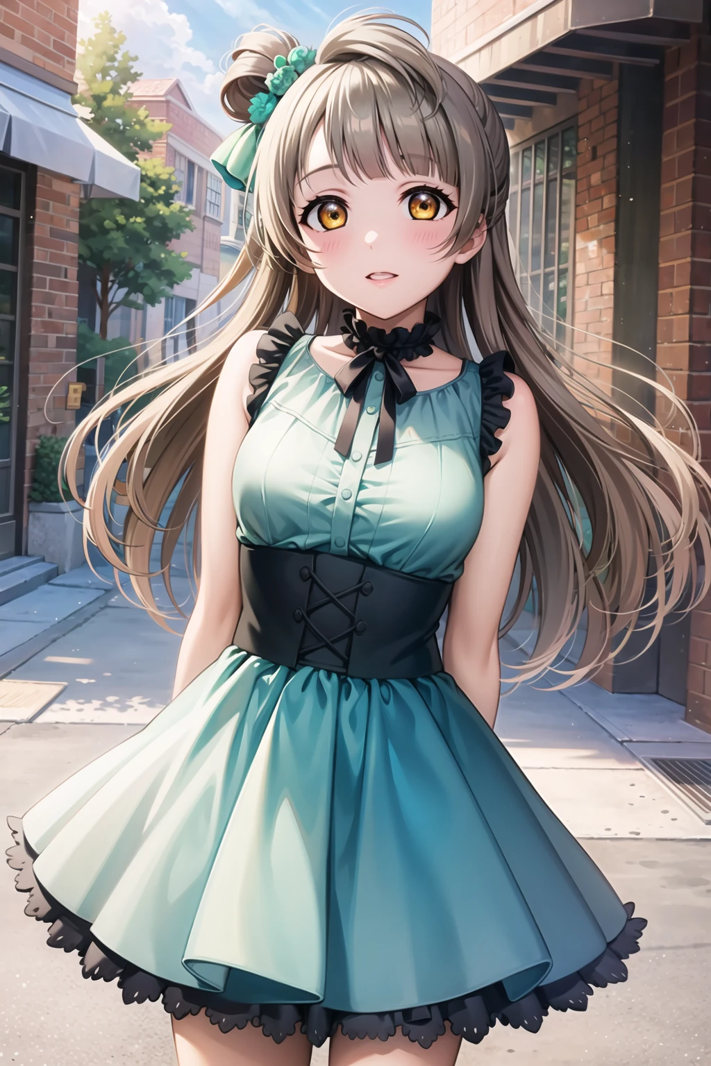 (masterpiece, best quality, ultra-detailed), (illustration), (beautiful detailed eyes), (1girl), (solo),  minami kotori, long hair, yellow eyes,  <lora:KotoriLL_v2.1:0.65>,
outdoors, cowboy shot, dress, arms behind back,