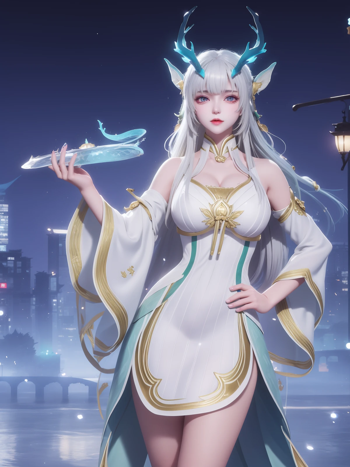 WZRYxishiYLQY, 1girl, long hair, solo, dress, detached sleeves, white hair, horns,mature female, cityscape, night, looking at viewer, cowboy shot, <lora:WZRYxishiYLQYii:0.75>,purple eyes, hand on hip,