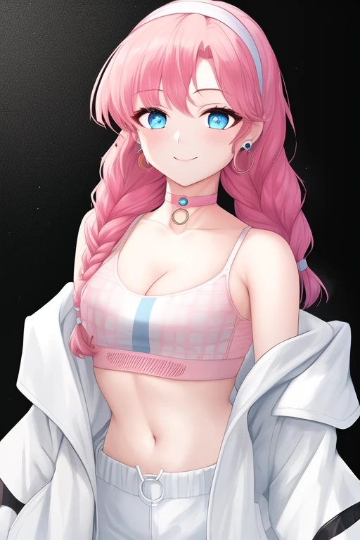 masterpiece, best quality, highres, solo, {blue_poison_arknights:1.10}, blue_eyes, pink_hair, bangs, long_hair, breasts, choker, braid, official_alternate_costume, twin_braids, hairband, holding, pink_choker, midriff, earrings, jewelry, small_breasts, medium_breasts, 1girl, bare_shoulders, jacket, looking_at_viewer, off_shoulder, simple_background, smile, sports_bra, upper_body, white_background, white_jacket, cleavage, o-ring_choker, open_clothes, open_jacket, spaghetti_strap