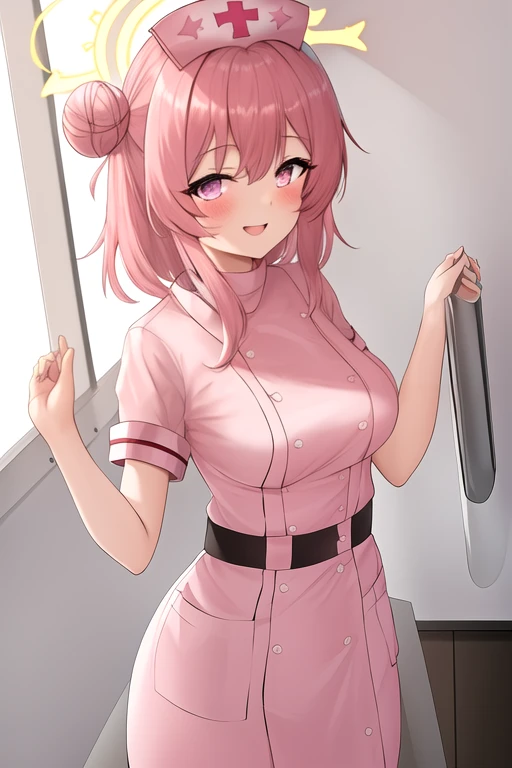 masterpiece, best quality, highres, solo, {serina_bluearchive:1.10}, pink_hair, halo, pink_eyes, hat, blush, smile, open_mouth, nurse_cap, hair_bun, breasts