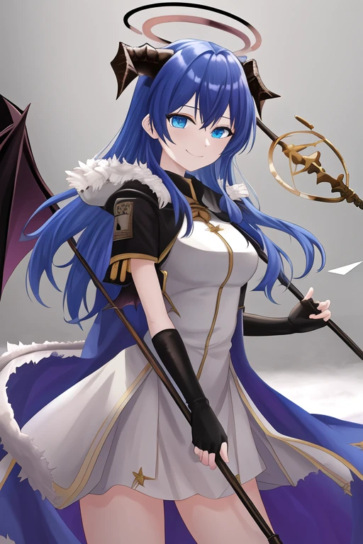 masterpiece, best quality, highres, solo, {mostima_arknights:1.10}, blue_hair, long_hair, halo, horns, blue_eyes, demon_horns, fur_trim, smile, wings, bangs, holding, hood, hair_between_eyes, 1girl, black_gloves, cowboy_shot, dress, gloves, holding_staff, official_alternate_costume, staff, white_dress, looking_at_viewer, partially_fingerless_gloves, closed_mouth, elbow_gloves, breasts, detached_wings, fingerless_gloves