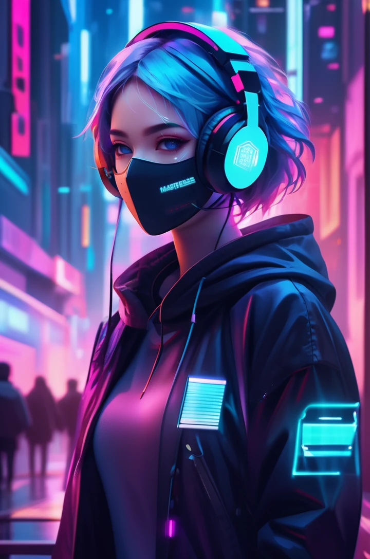 (frontal view, facing viewer:1.2), centered, masterpiece, face portrait, 1girl, solo, aqua hair color, short hairstyle, light blue eyes, (neon wireless headphones headset:1.2), (black neon futuristic mouth mask:1.2), dark blue hoodie, futuristic city lights, sunset, buildings, urban scenery, neon lights | bokeh,