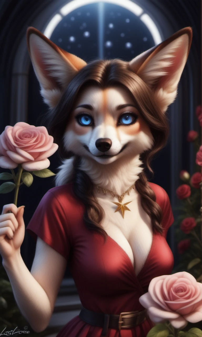 real e621, , anthro, mammal, hi res, clothing, solo, fur, plant, canid, blue eyes, digital media (artwork), canine, female, clothed, holding object, tuft, hair, inner ear fluff, topwear, night, looking at viewer, flower, rose (flower), fingers, canis, food, black nose, eyebrows, star, eyelashes, 5 fingers, breasts, insect, detailed, grey fur, lostgoose, grey body