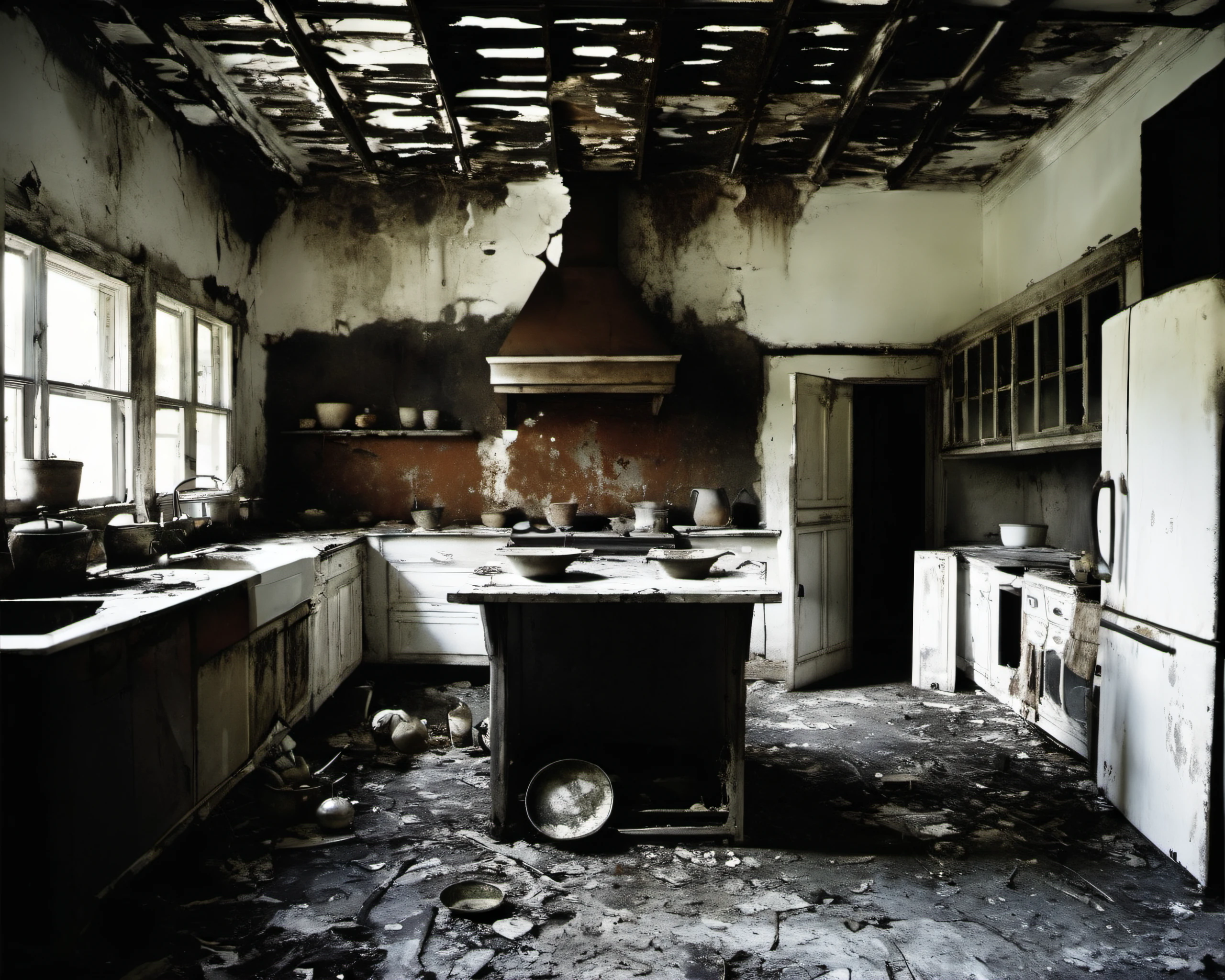 on a post-apocalyptic kitchen, scattered rusted pots, cracked dining table, moldy open refrigerator. , by Mario Testino, SZ_4poXL enviroment <lora:Post ApocalypticXL_v2:0.6>