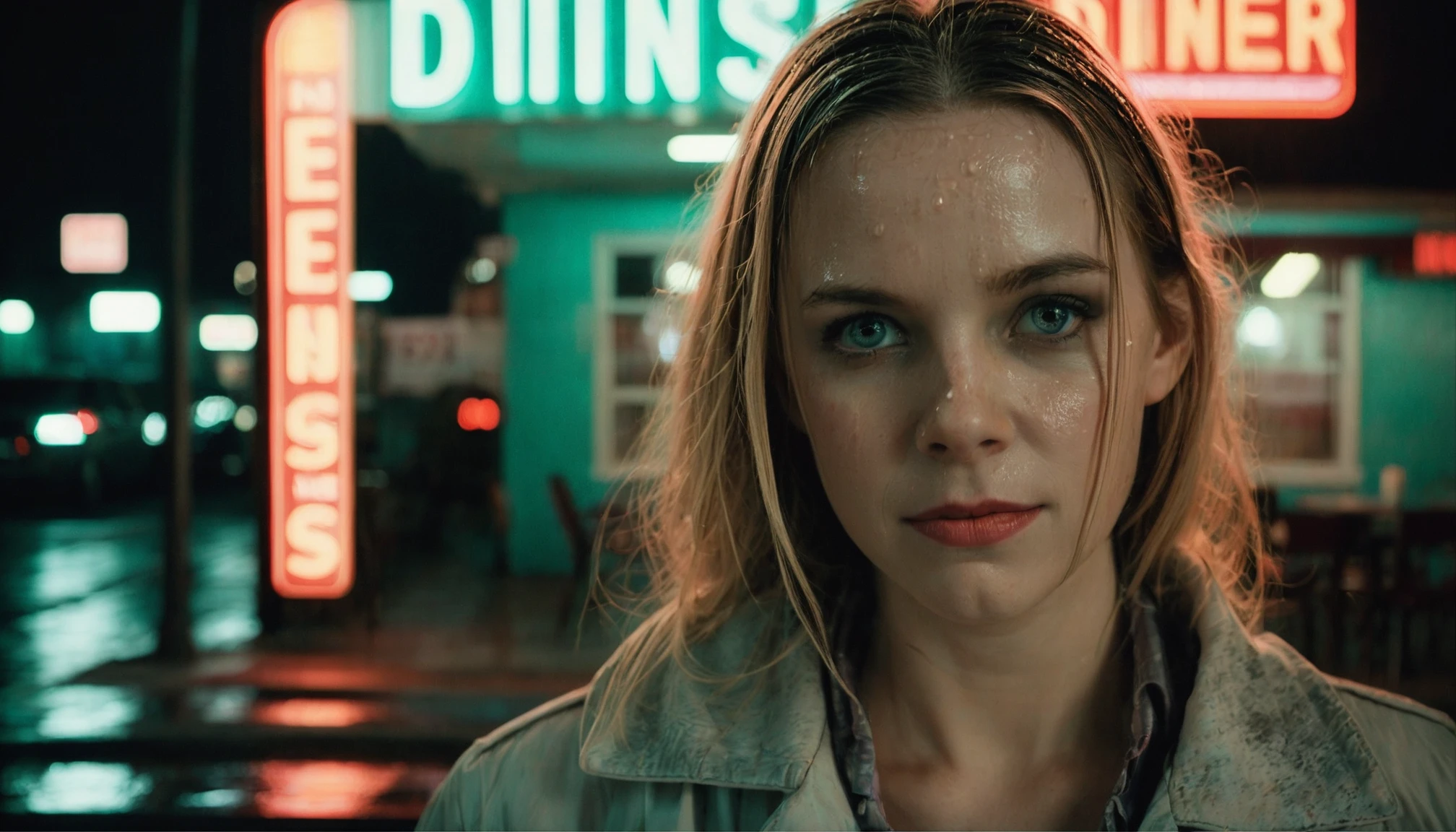 portrait of a woman in front of a diner at night raining, perfect eyes