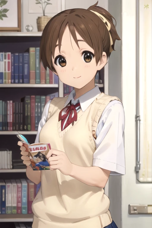 (((picture perfect))), 1girl, solo, <lora:ui-kon:0.8>, ui hirasawa, school uniform, sweater vest, short sleeves, looking at viewer, smile