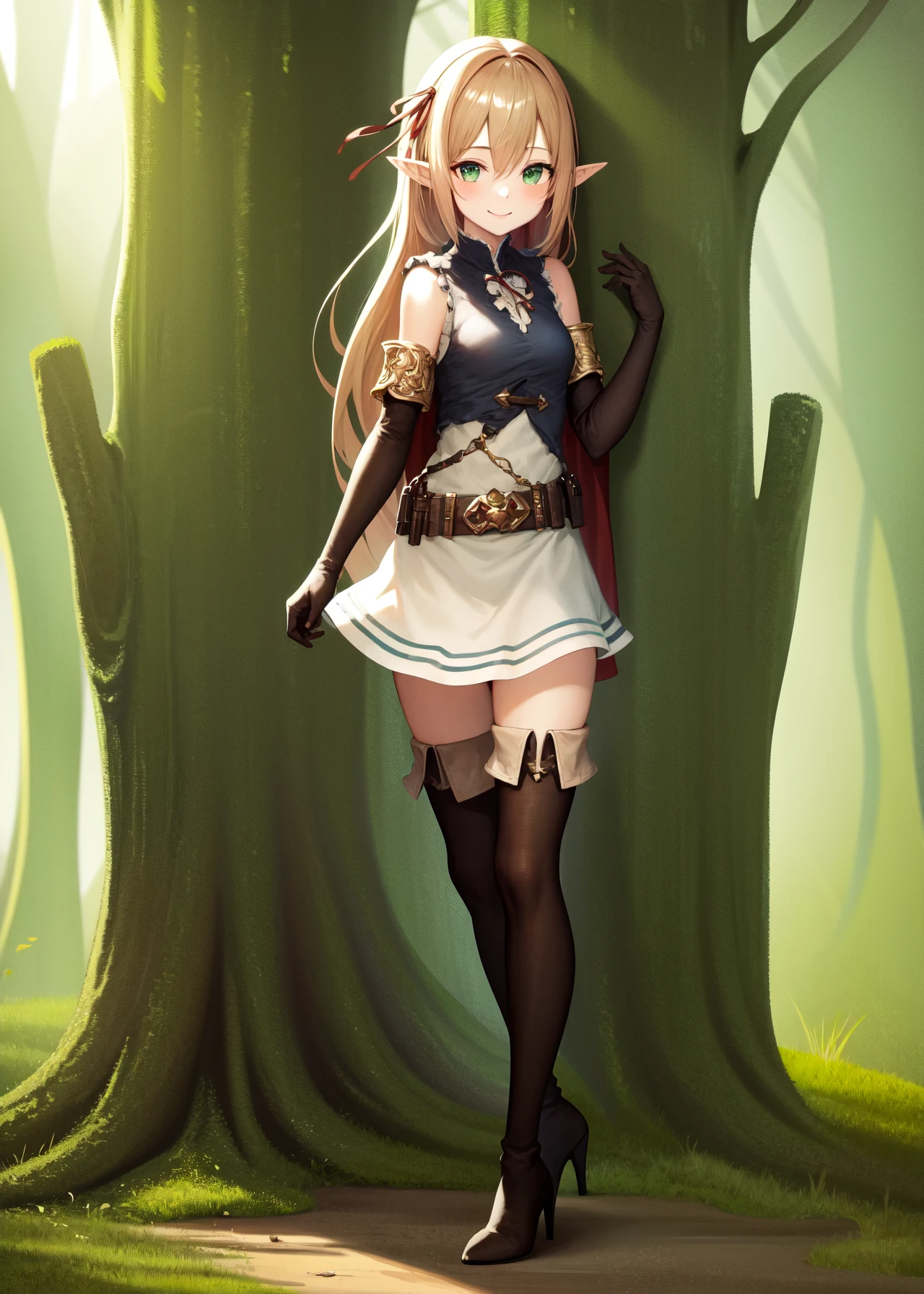 (masterpiece, best quality, highres, detailed:1.4), a beautiful picture of an elf girl standing in a forest, long hair, bangs, ribbon, pointy ears, hair ribbon, elf, gloves, blush, blonde hair, elbow gloves, 1girl, red ribbon, hair between eyes, green eyes, skirt, sleeveless, dress, bare shoulders, shirt, belt, sleeveless shirt, thigh boots, white skirt, black gloves, frills, brown footwear, pleated skirt, miniskirt, sidelocks, blue shirt, sleeveless dress, white dress, short dress, red cape, brown belt, buckle, red bow, knee boots, high heels, armlet
small breasts, zettai ryouiki, , smile, standing, ambient lighting, (outdoors, sunlight, fantasy, forest) <lora:ShadowverseArisaLoraVers:0.8>