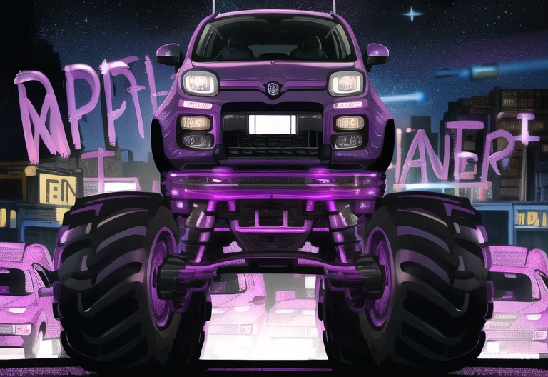 masterpiece, best quality,  highres, very detailed, monster truck, fiat panda,  4x4,  in the street, sci-fi, neons, space, future, lights, night,  more details, purple monster truck , photorealistic  <lora:monster_truck:1>   <lora:more_details:0.2>