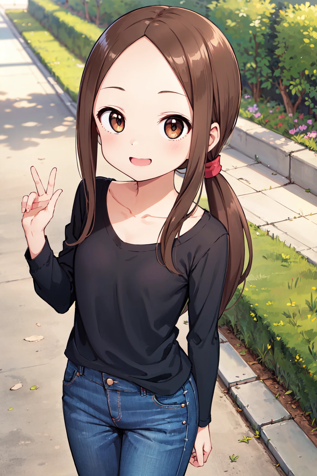 masterpiece, best quality, highres, 1girl, cctakagi, long hair, low ponytail, collarbone, black shirt, long sleeves, blue pants, jeans, <lora:takagi-san_v1:0.7>, outdoors, standing, from above, smile,