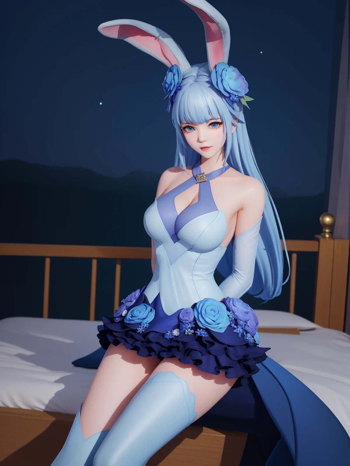 WZRYgongsunliHJW, 1girl, flower, solo, rabbit ears, blue eyes, hair flower, hair ornament, blue hair, detached sleeves, single thighhigh, blue flower, dress, bare shoulders, jewelry,cityscape, night, looking at viewer, mature female, sitting, bed, <lora:WZRYgongsunliHJW:0.75>,arms behind back,