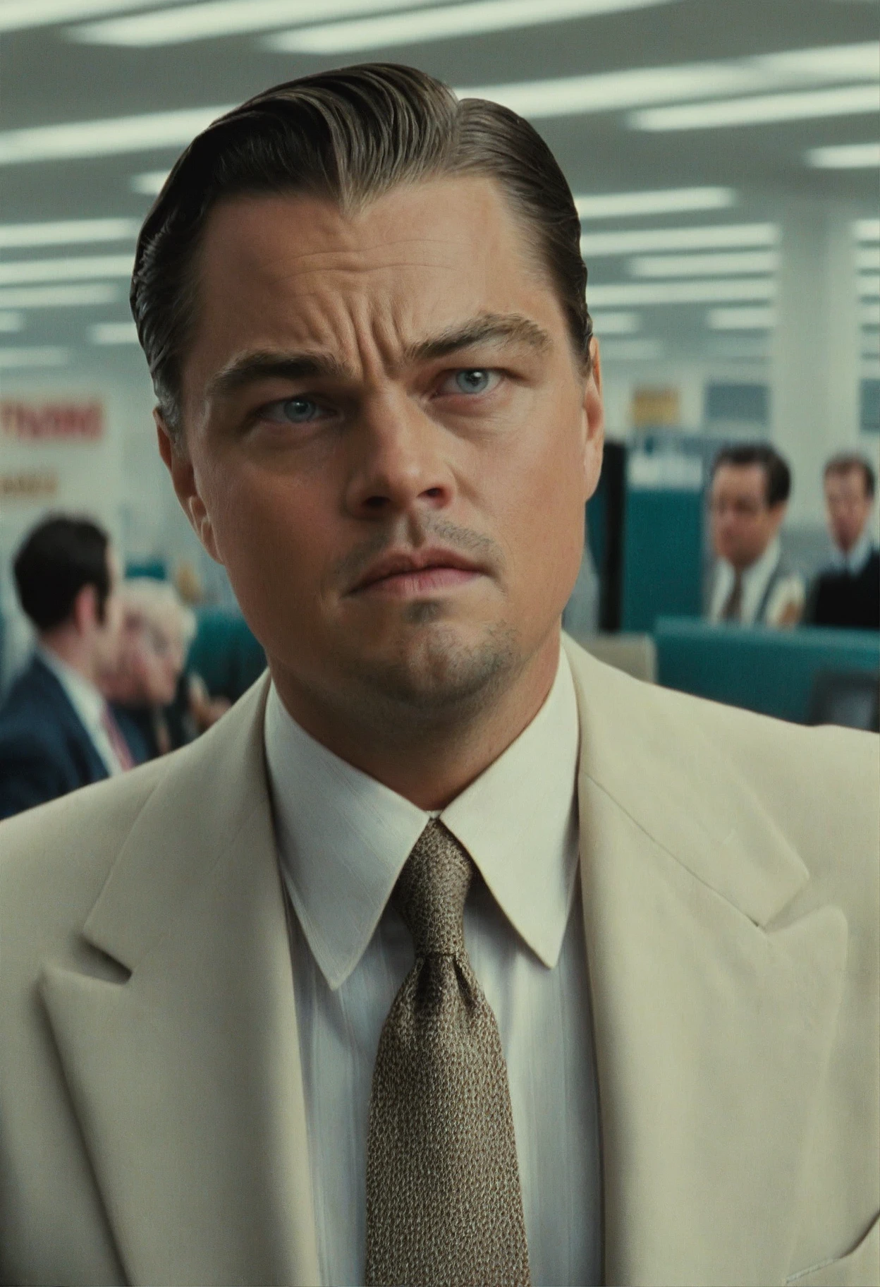 closeup cinematic still of Leonardo DiCaprio , in a suit in a office wolf of wall street movie