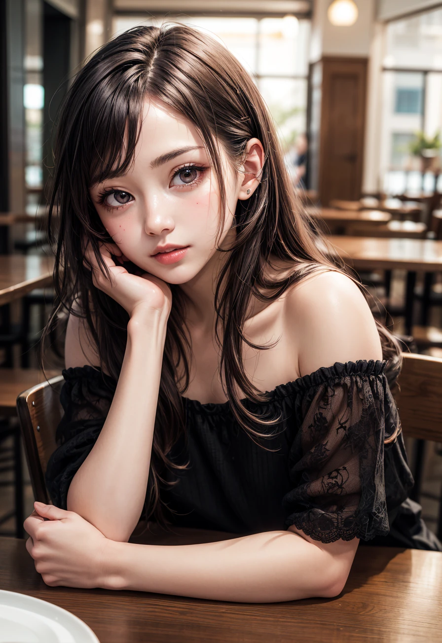 (masterpiece, best quality), (absurdres:1.3), (photorealistic:1.1), beautiful girl, (ultra detailed, ultra realistic, hyper realistic, 8K, ultra highres:1.2), long hair, brown hair, (tilt head, dynamic pose:1.3), solo, slim, slender, (bokeh, sharp focus, depth of field), BREAK <lyco:more_details:0.6>, (high detailed skin, detailed skin texture:1.2), indoor BREAK 1girl, solo, young girl, cute, adorable, (POV dating:1.3), table, cafe, coffee, sitting, off shoulder, resting chin in hands
