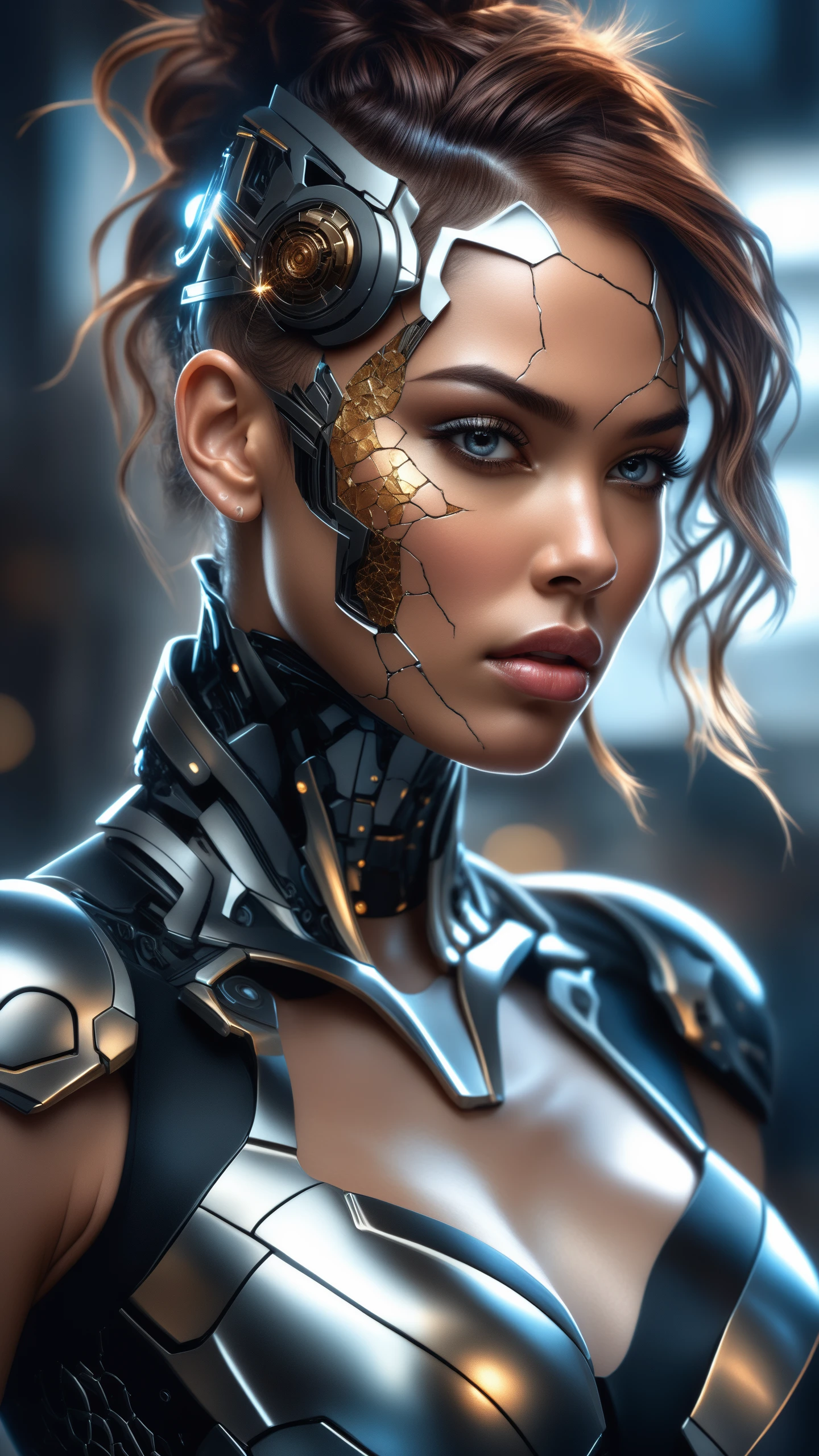 1girl, 8k portrait of cyborg girl with chaos hair, intricate, elegant, photorealistic, cracked skin, rage face, highly detailed, majestic, muscular, digital photography, art by artgerm and ruan jia and greg rutkowski surreal painting black butterfly filigree, broken glass, (masterpiece, sidelighting, finely detailed beautiful eyes: 1.2), hdr, female, girl, sexy girl