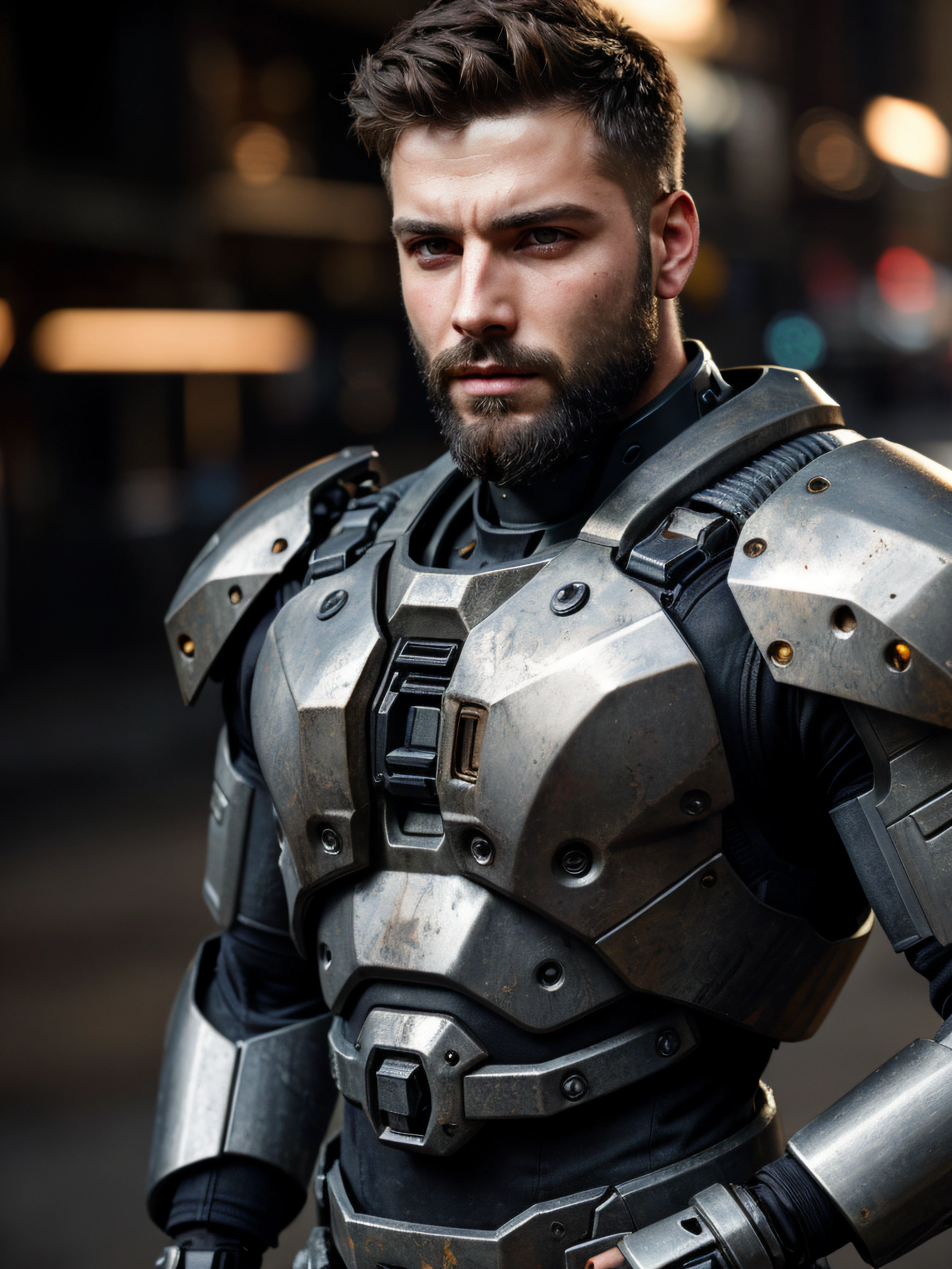 close up Portrait photo of muscular bearded guy in a worn mech suit, ((light bokeh)), intricate, (steel metal [rust]), elegant, sharp focus, photo by greg rutkowski, soft lighting, vibrant colors, masterpiece, ((streets)), detailed face