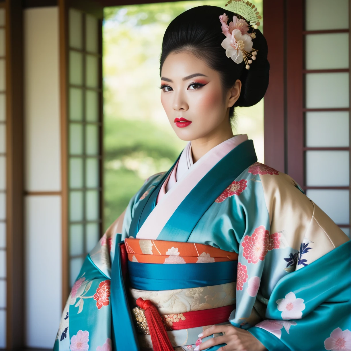 high quality analog photo of a asian geisha dressed in an extravagant kimono, soft natural lighting, intricately detailed masterpiece