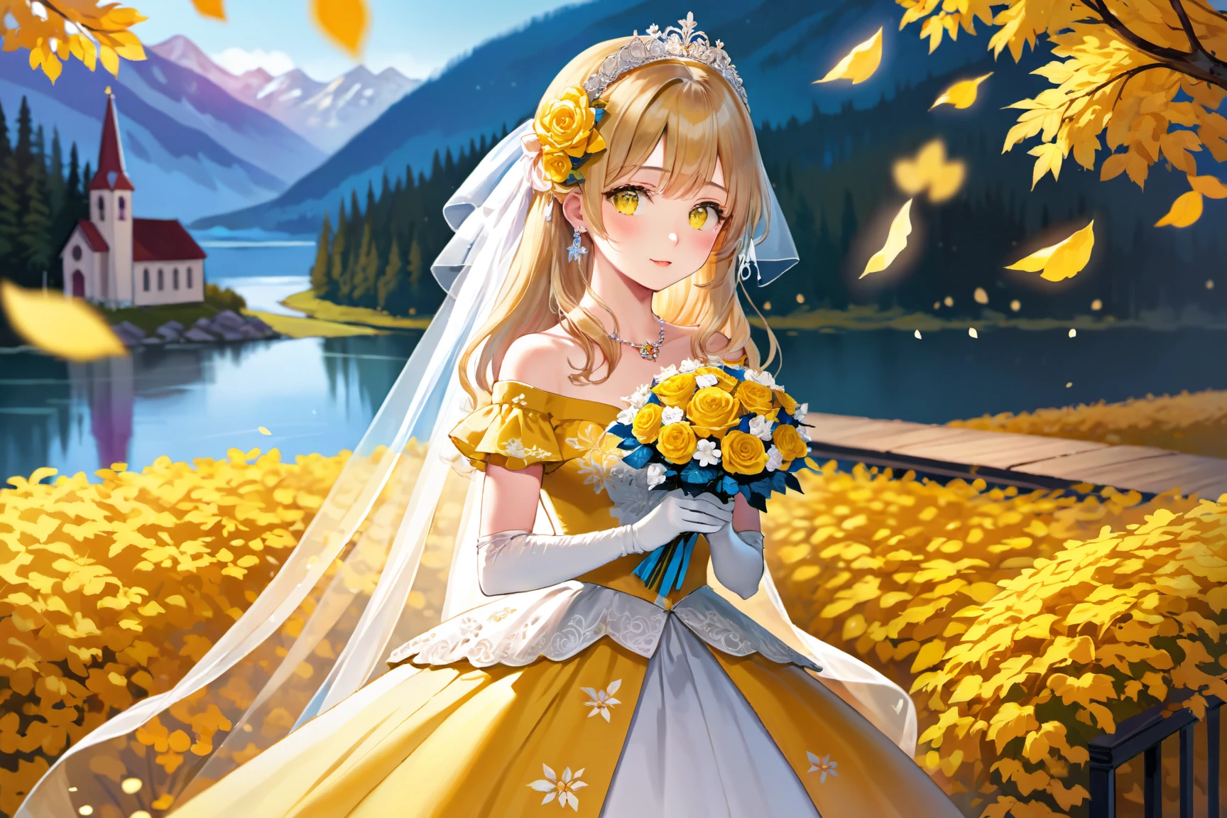 ultra-detailed,(best quality),((masterpiece)),(highres),original,extremely detailed 8K wallpaper,(an extremely delicate and beautiful),((detailed face)),beautiful detail eyes,
anime,momoko,suga,jsbw style,
//,
1girl,bouquet,flower,solo,holding bouquet,dress,long hair,blue eyes,veil,smile,wedding dress,holding,looking at viewer,bridal veil,open mouth,hair flower,bangs,:d,hair ornament,yellow dress,bare shoulders,white dress,blonde hair,rose,white flower,gloves,petals,standing,off-shoulder dress,indoors,ribbon,yellow theme,autumn,forest,autumn leaves,hair between eyes,white gloves,bride,tiara,off shoulder,sparkle,elbow gloves,from side,yellow flower,church,lake,night,starry_sky,
//,
//,
<lora:momoko_xl-000015:0.5>,<lora:JasmineBWXLDoguMini:0.1>,