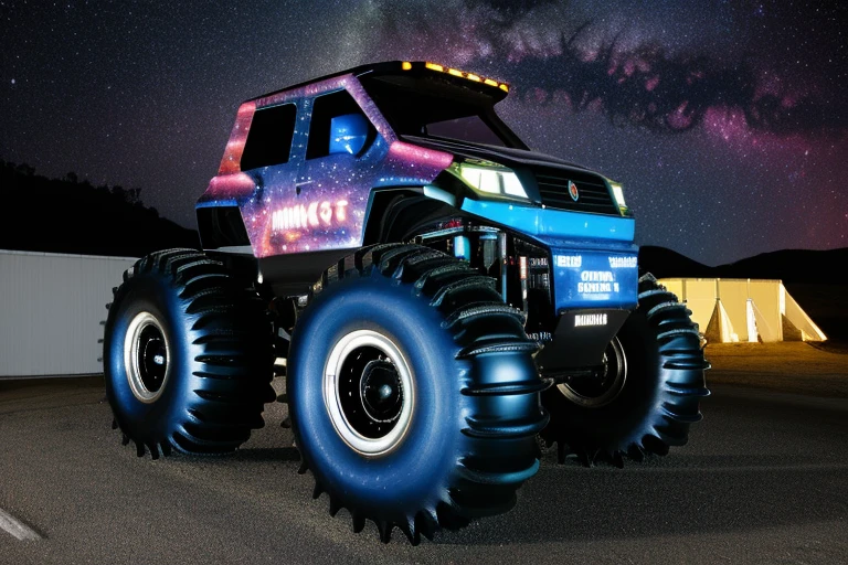 masterpiece, best quality,  highres, very detailed, monster truck, atv,  4x4,  lights, sci-fi,   in the future,  1girl, night, stars, galaxies, the road in raimbow coloured, craters, blue monster truck <lora:monster_truck-000006:1>