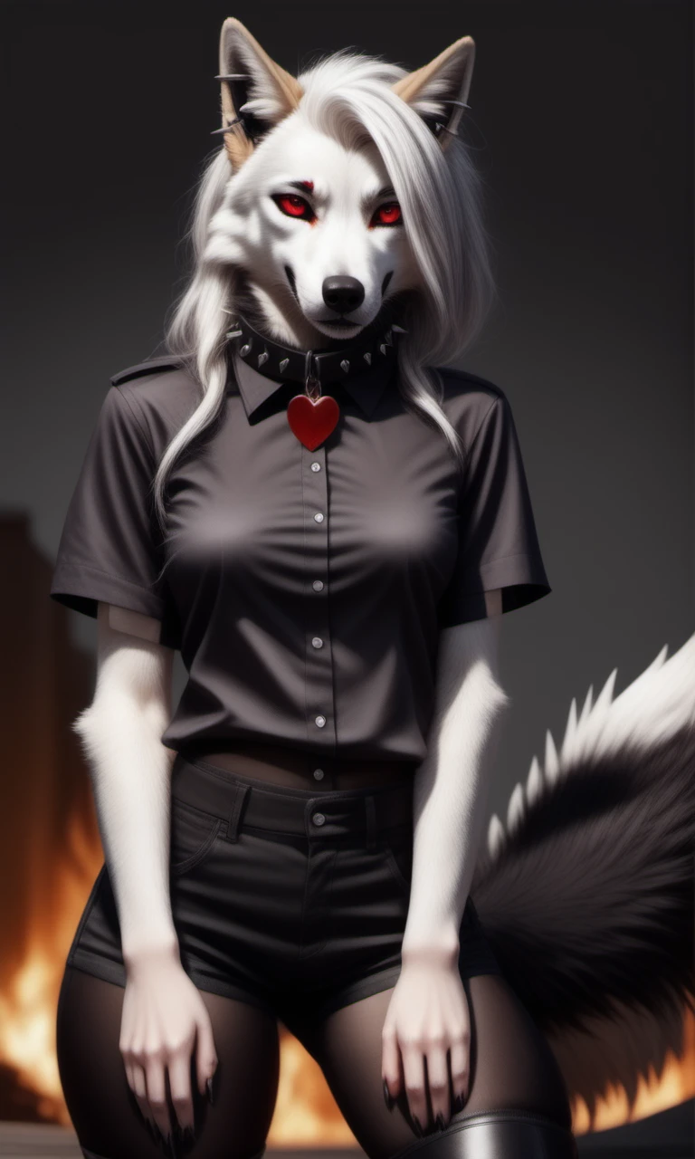 real e621, , demon, hellhound, mammal, female, handwear, anthro, gloves, hair, clothing, canid, fur, shorts, solo, bottomwear, tuft, topwear, shirt, piercing, clothed, collar, spikes, fire, loona (helluva boss), helluva boss, canid demon, white body, white fur, red sclera, hi res, black nose, spiked collar, black fur, notched ear, grey fur, white eyes, torn clothing, grey body, fingerless gloves, black handwear, black body, black gloves, ear piercing, holding object, cheek tuft, half-closed eyes