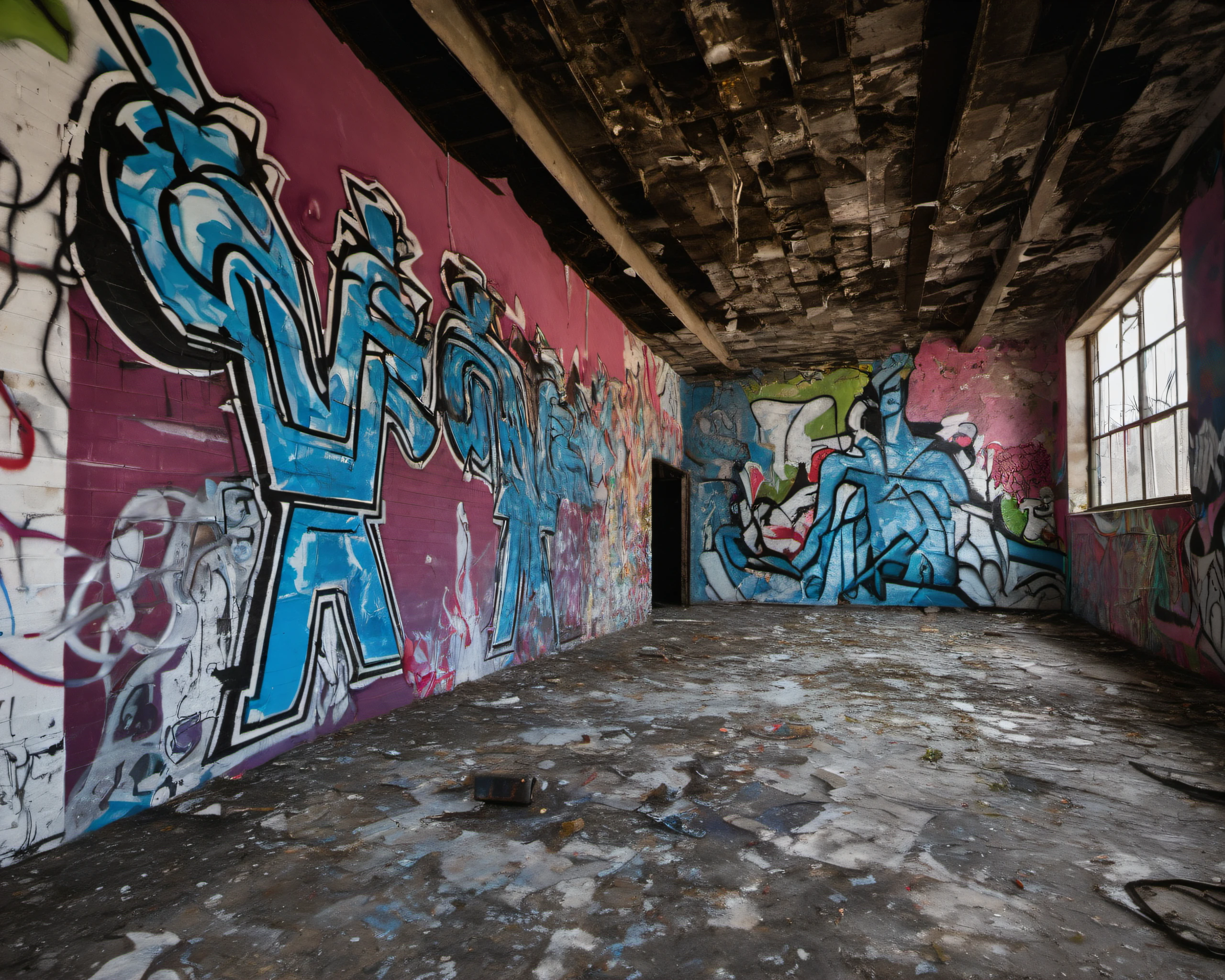 a city's art district, now a maze of murals and sculptures slowly succumbing to decay. Vibrant colors have faded, and once-bold statements have become fragments of a forgotten artistic expression in a world struggling to remember its past, SZ_4poXL enviroment <lora:Post ApocalypticXL_v2:0.6>