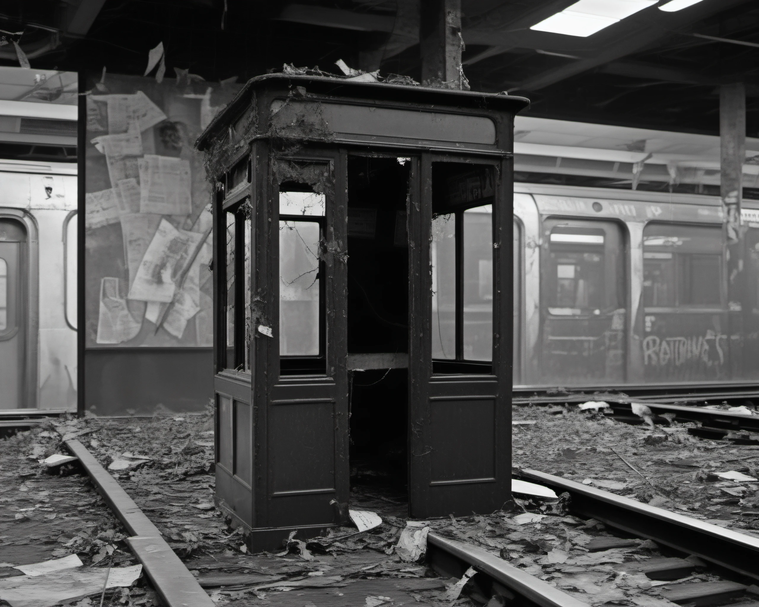 inside a post-apocalyptic subway station, empty overgrown platform, rusted train, shattered ticket booth, torn subway map. , by Robert Frank, SZ_4poXL enviroment <lora:Post ApocalypticXL_v2:0.6>