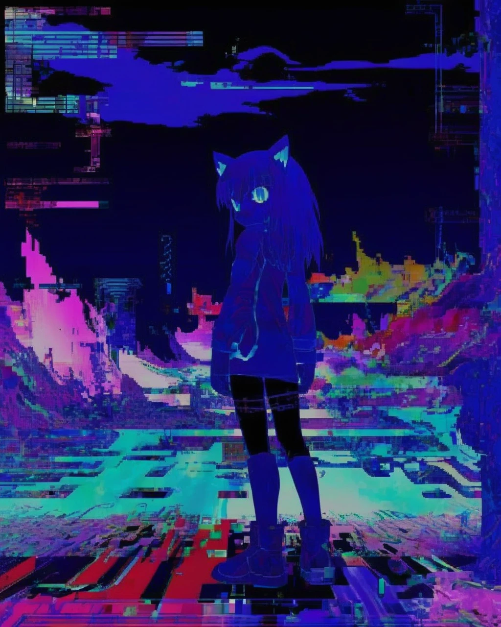 anime girl :1.3 , A glitched-out virtual landscape shifts and morphs, creating an alternate reality that mirrors the experimental nature of breakcore's sonic exploration:1.5, glitched-out virtual landscape:1.2, shifts and morphs:1.2, creating an alternate reality:1.1, mirrors the experimental nature:1.1, breakcore's sonic exploration:1.1. , breakcore<lora:breakcore_sdxl:1.0>