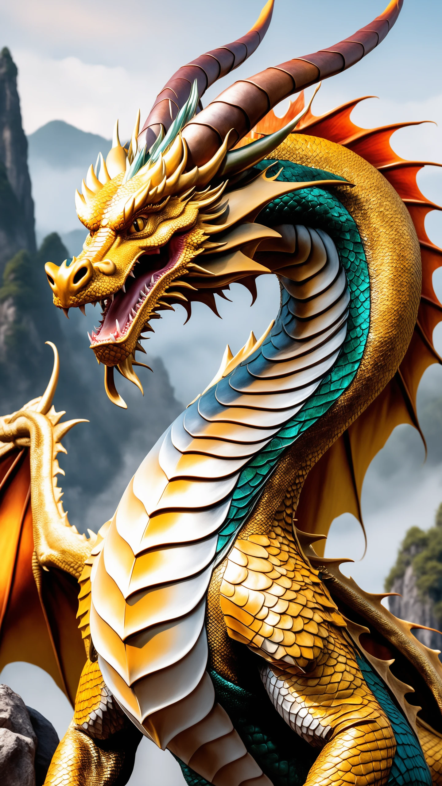 ((Best quality)), ((masterpiece)), (highly detailed:1.3),a dragon gazing across the horizon, his eyes filled with glorious intelligence, vibrant gold lined scales with beautiful flecks of silver, blue eyes, small frills along his head and chin, volumetric lighting, detailed eyes, detailed claws, detailed body, detailed scales, ultra detailed, HDR, 8k, detailed lighting, hyper realistic, ultra intricate details, octane render, portrait, depth of field, sharp focus on subject, elegant, ultra realistic details, photorealistic