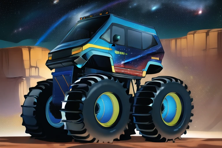 masterpiece, best quality, highres, very detailed, monster truck, atv, 4x4, lights, sci-fi, in the future, on mars, night, stars, galaxies, the road in raimbow coloured, craters, blue monster truck <lora:monster_truck-000006:1>