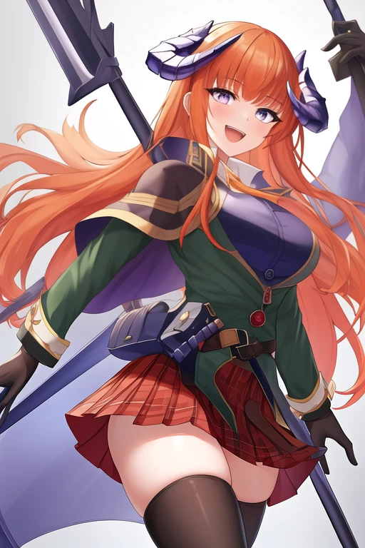 masterpiece, best quality, highres, solo, {bagpipe_arknights:1.10}, horns, long_hair, orange_hair, bangs, smile, very_long_hair, purple_eyes, dragon_horns, breasts, open_mouth, blush, large_breasts, blue_eyes, 1girl, gloves, skirt, black_gloves, jacket, long_sleeves, miniskirt, plaid_skirt, thighhighs, plaid, looking_at_viewer, red_skirt, weapon, holding, pleated_skirt, green_jacket, polearm, black_thighhighs, holding_weapon, standing, cowboy_shot, holding_polearm, zettai_ryouiki, lance, shirt, :d, capelet