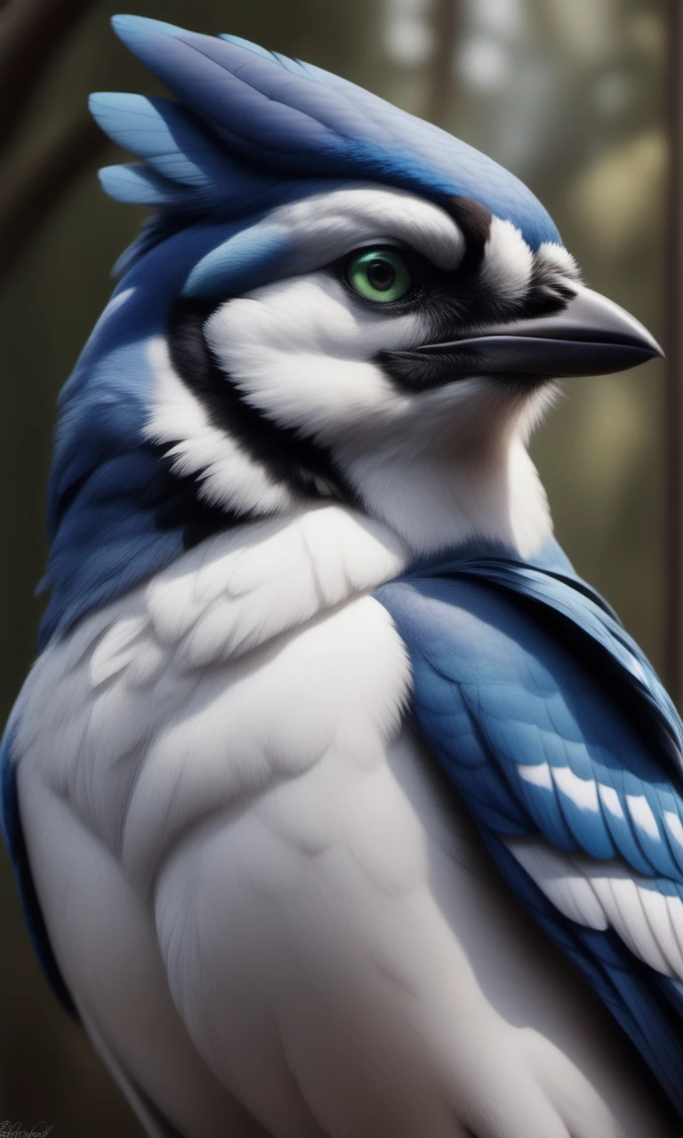 real e621, , feral, solo, avian, beak, green eyes, ambiguous gender, hi res, feathers, portrait, white body, multicolored body, blue jay, realistic