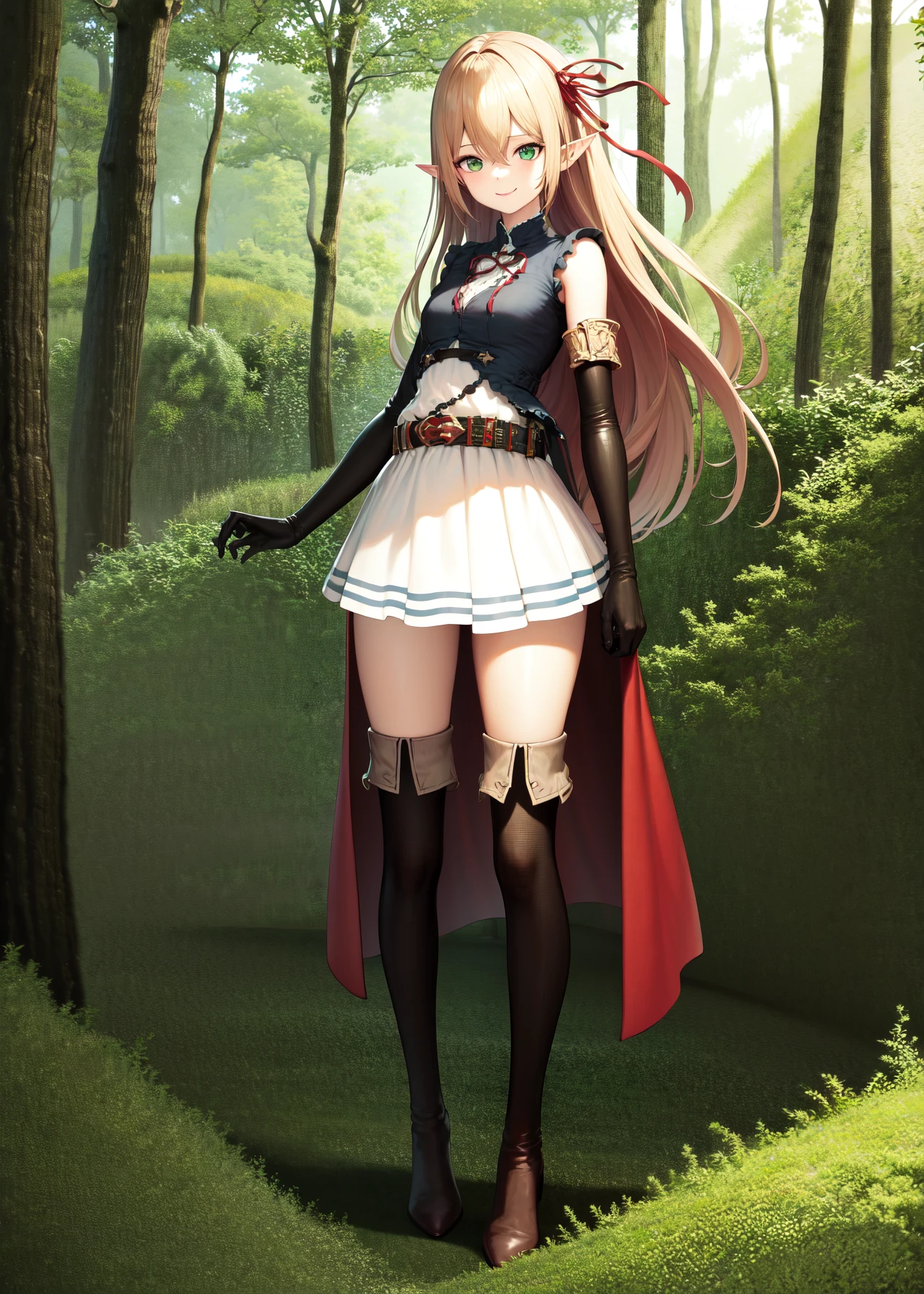 (masterpiece, best quality, highres, detailed:1.4), a beautiful picture of an elf girl standing in a forest, long hair, bangs, ribbon, pointy ears, hair ribbon, elf, gloves, blush, blonde hair, elbow gloves, 1girl, red ribbon, hair between eyes, green eyes, skirt, sleeveless, dress, bare shoulders, shirt, belt, sleeveless shirt, thigh boots, white skirt, black gloves, frills, brown footwear, pleated skirt, miniskirt, sidelocks, blue shirt, sleeveless dress, white dress, short dress, red cape, brown belt, buckle, red bow, knee boots, high heels, armlet
small breasts, zettai ryouiki, <lora:Arisav1:1>, smile, standing, ambient lighting, (outdoors, sunlight, fantasy, forest)