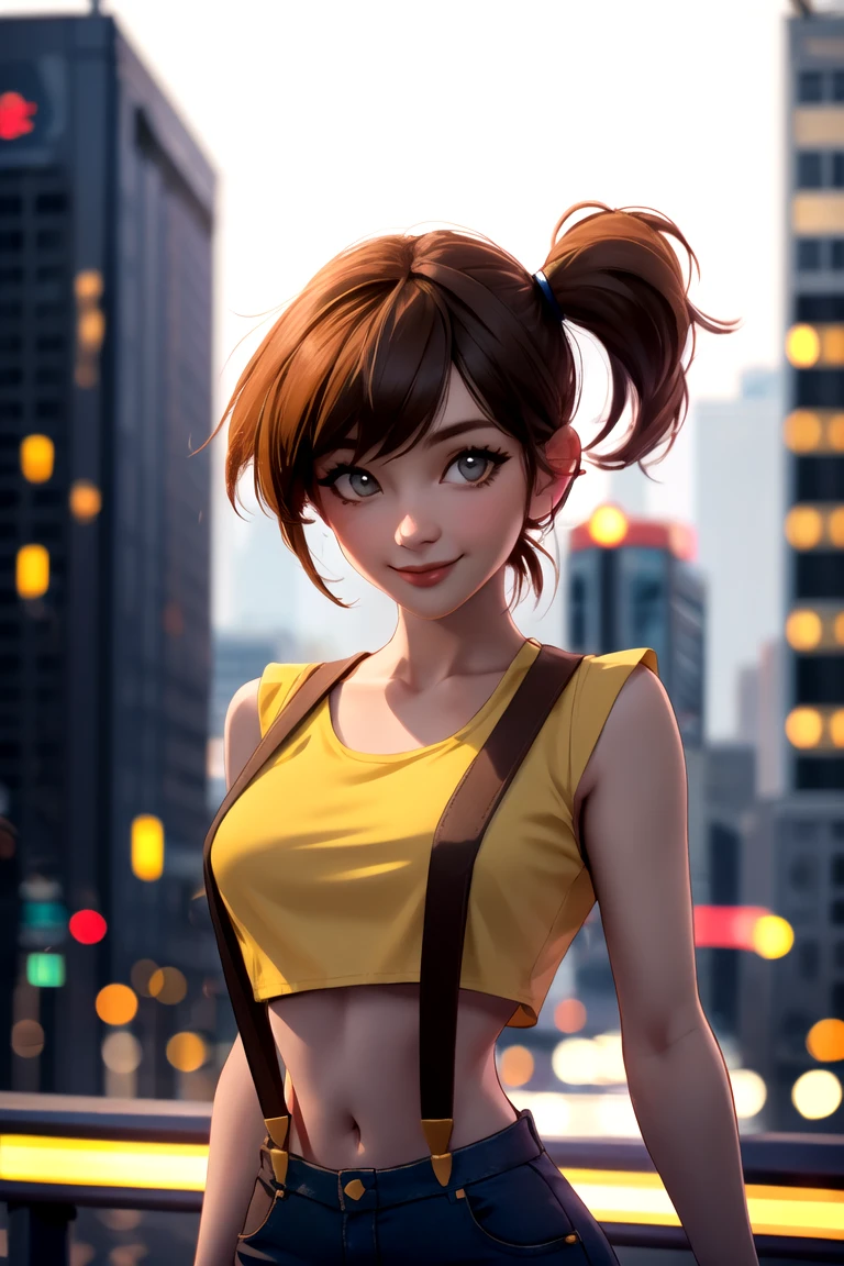 centered, award winning upper body portrait, cowboy shot, (looking at viewer:1.2), |
solo, standing, smile, Misty_Pokemon, yellow crop top, suspenders, side ponytail, 
| city, urban scenery, city lights,
| bokeh, depth of field, cinematic composition, |  dynamic pose,
<lora:Misty_Pokemon:0.6>