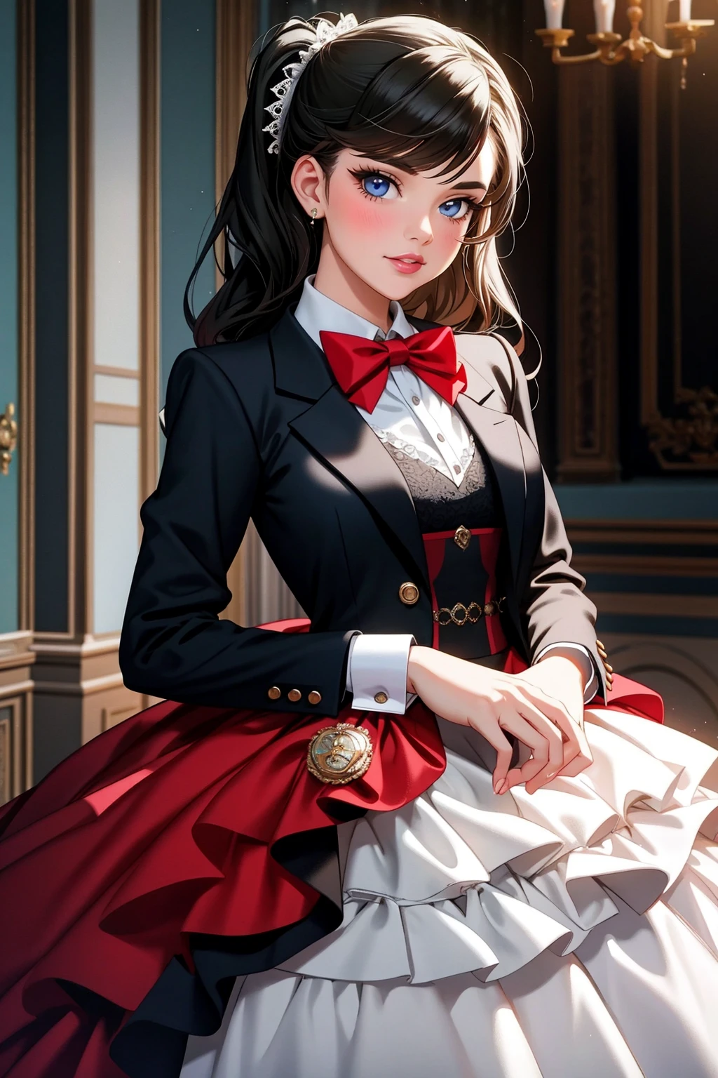 ((Masterpiece, best quality)), 
ballgown,edgPreppy,edgPreppy, a woman in a ([set of edgPreppy clothes,blazer|ballgown,ribbons,frills]::0.5) posing for a picture ,wearing edgPreppy with ballgown,
 <lora:edgPreppyGown:1>