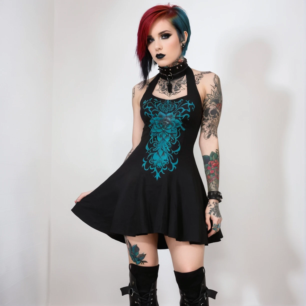 photo, 1girl, 25 yo, emo makeup and hair, goth style dress and boots, choker, tattoo, intricately detailed masterpiece