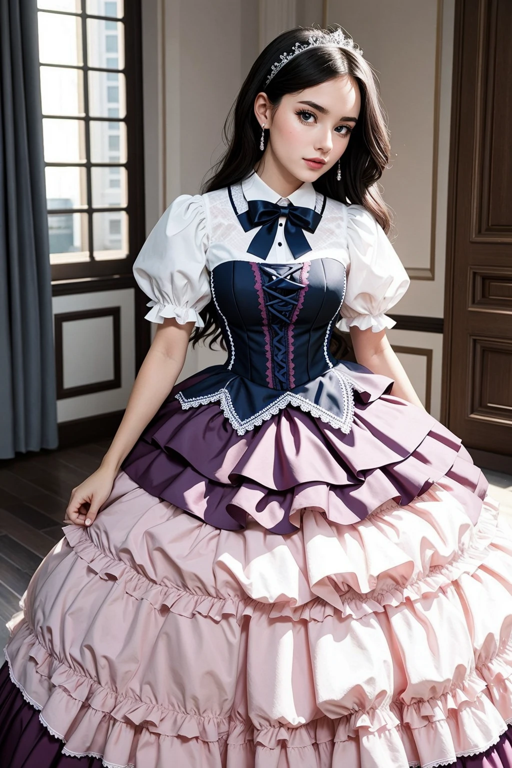 ((Masterpiece, best quality)), 
ballgown,edgPreppy, a woman in a ([set of edgPreppy clothes,blazer|ballgown,ribbons,frills]::0.5) posing for a picture ,wearing edgPreppy with ballgown,
 <lora:edgPreppyGown:1>