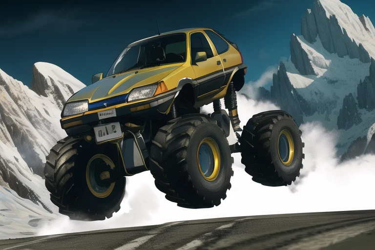 masterpiece, best quality, highres, very detailed, monster truck, peugeot 205, 4x4, in the street, lights, sci-fi, futuristic, fun, 4 wheels, in mountain, crushing cars <lora:monster_truck-000006:1>