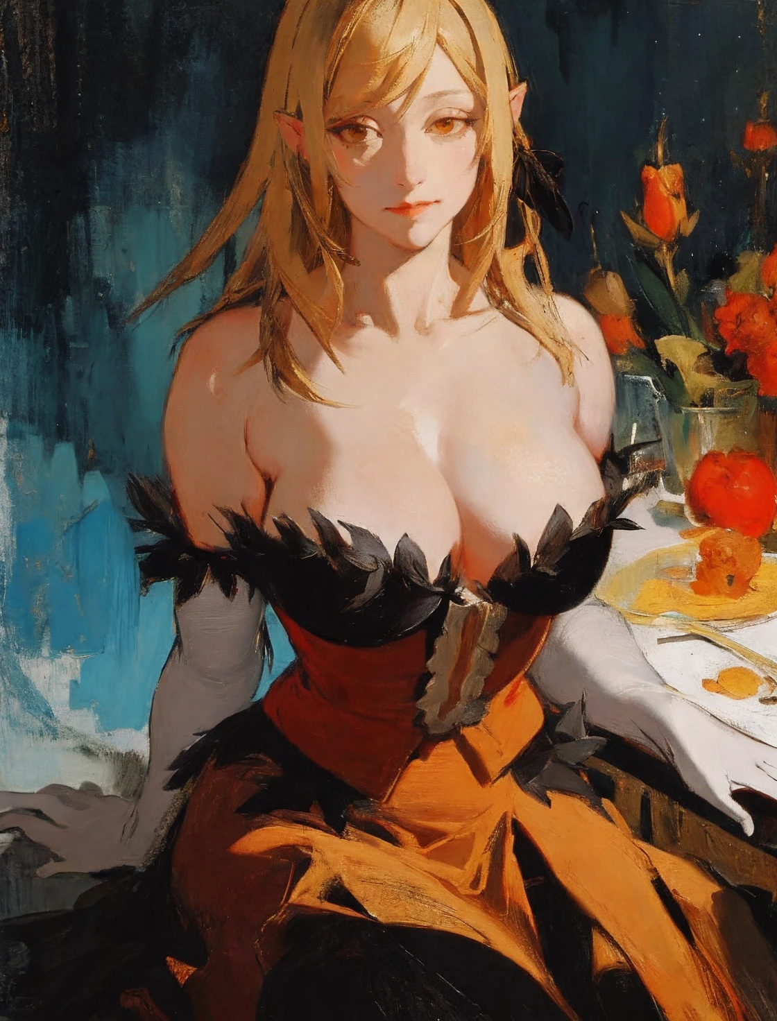 art by Frans Francken the Younger:0.7,masterpiece, best quality, kissshotms, 1girl,mature female, <lora:KissShotMS:1>