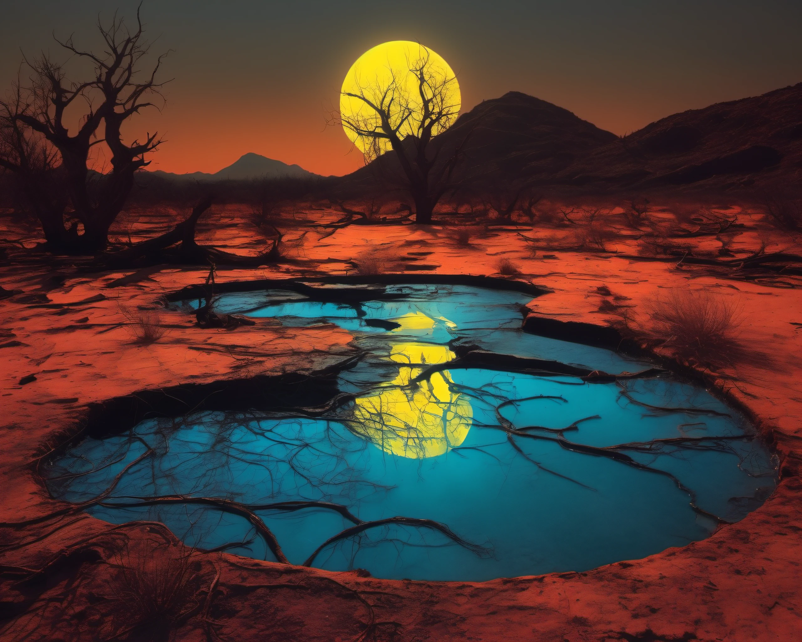 Picture a barren wasteland marred by radioactive contamination. Mutated creatures roam the landscape, and eerie, otherworldly glows emanate from toxic pools. The land is a testament to the devastation wrought by humanity's recklessness, SZ_4poXL enviroment <lora:Post ApocalypticXL_v2:0.6>