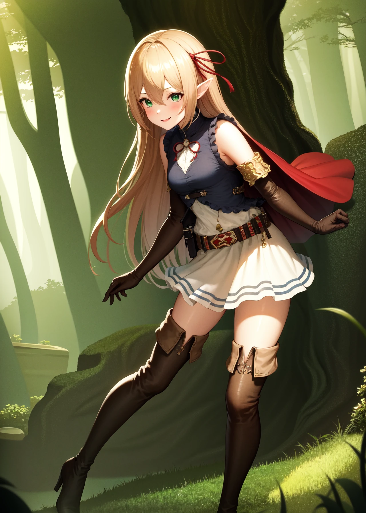 (masterpiece, best quality, highres, detailed:1.4), a beautiful picture of an elf girl standing in a forest, long hair, bangs, ribbon, pointy ears, hair ribbon, elf, gloves, blush, blonde hair, elbow gloves, 1girl, red ribbon, hair between eyes, green eyes, skirt, sleeveless, dress, bare shoulders, shirt, belt, sleeveless shirt, thigh boots, white skirt, black gloves, frills, brown footwear, pleated skirt, miniskirt, sidelocks, blue shirt, sleeveless dress, white dress, short dress, red cape, brown belt, buckle, red bow, knee boots, high heels, armlet
small breasts, zettai ryouiki, <lora:Arisav1:1>, smile, standing, ambient lighting, (outdoors, sunlight, fantasy, forest)