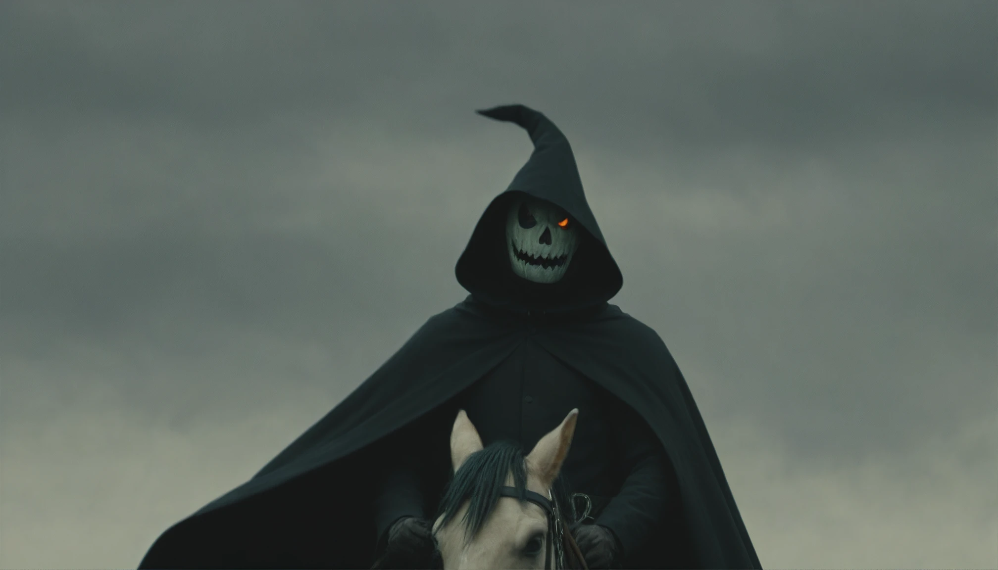 cinematic still of a man wearing a black cloak and a jack o lantern head, riding a dark horse