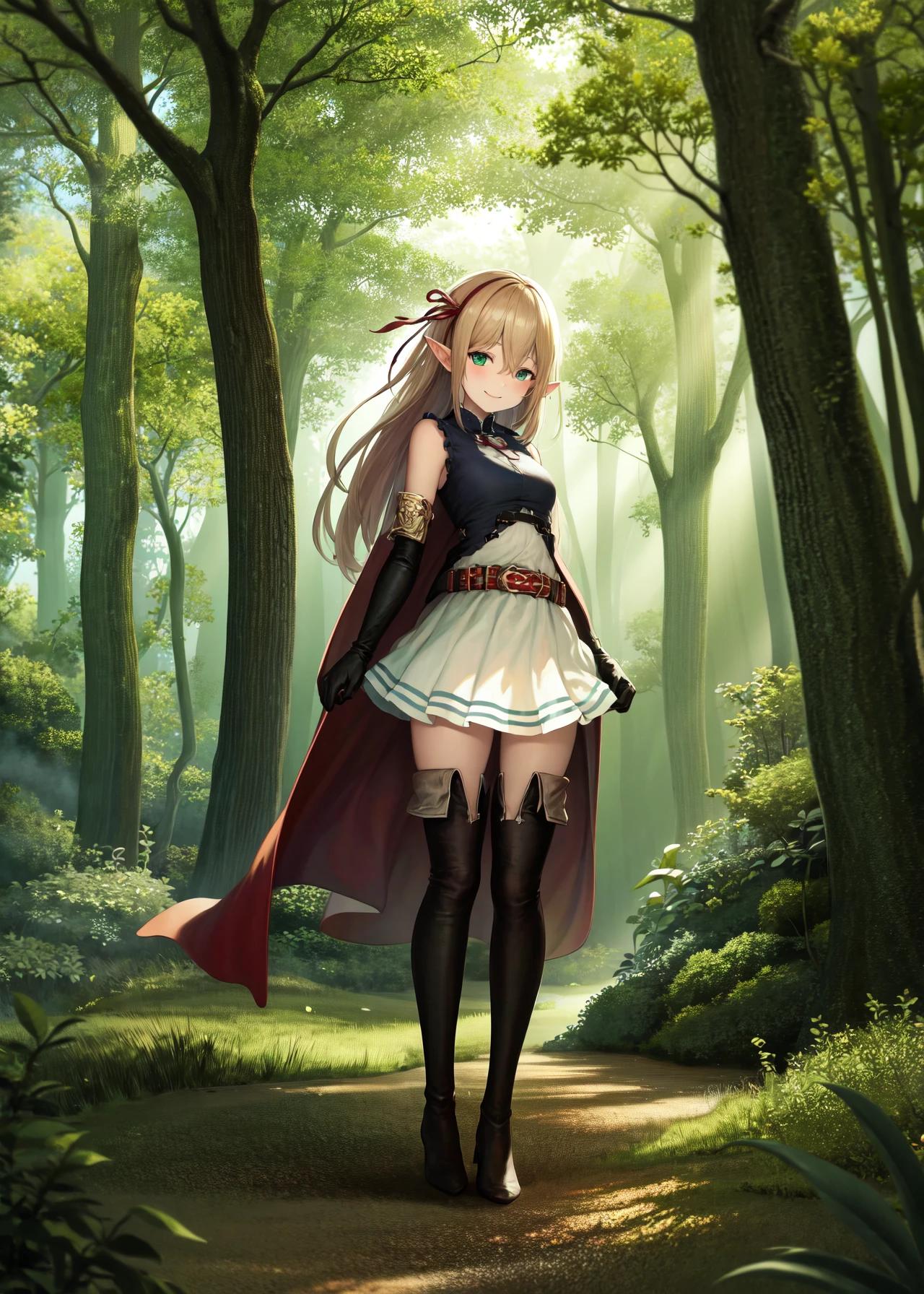 (masterpiece, best quality, highres, detailed:1.4), a beautiful picture of an elf girl standing in a forest, long hair, bangs, ribbon, pointy ears, hair ribbon, elf, gloves, blush, blonde hair, elbow gloves, 1girl, red ribbon, hair between eyes, green eyes, skirt, sleeveless, dress, bare shoulders, shirt, belt, sleeveless shirt, thigh boots, white skirt, black gloves, frills, brown footwear, pleated skirt, miniskirt, sidelocks, blue shirt, sleeveless dress, white dress, short dress, red cape, brown belt, buckle, red bow, knee boots, high heels, armlet
small breasts, zettai ryouiki, <lora:Arisav1:1>, smile, standing, ambient lighting, (outdoors, sunlight, fantasy, forest)