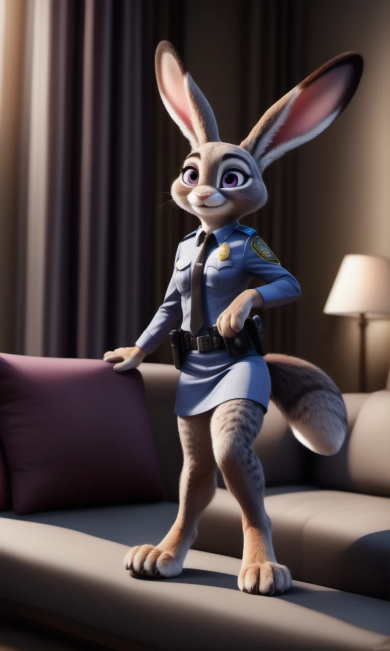 real e621, 3 toes, 4 fingers, absurd res, anthro, bananastheleech, claws, clothing, dipstick ears, disney, feet, female, fingers, footwear, fur, furniture, gesture, hi res, inside, judy hopps, lagomorph, leporid, looking at viewer, mammal, multicolored body, multicolored ears, multicolored fur, on one leg, police uniform, purple eyes, rabbit, smile, sofa, solo, standing, toe claws, toeless footwear, toes, two tone body, two tone fur, uniform, welcoming, zootopia