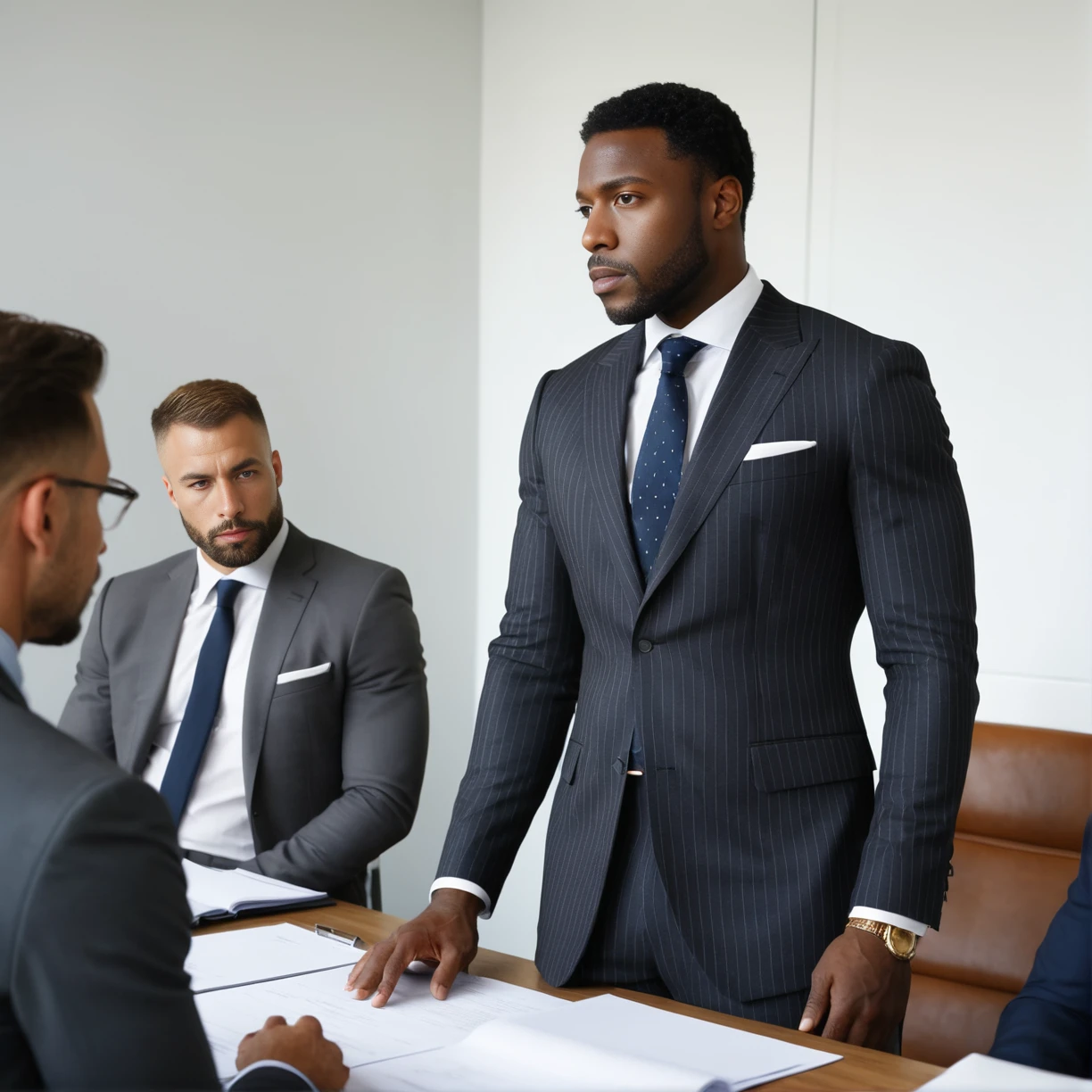 high quality analog photo of black man in pinstripe suit standing at office meeting, perfect male human anatomy, soft natural lighting, intricately detailed masterpiece